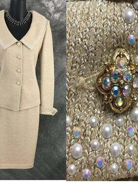 BEAUTIFUL St John evening knit beige gold rhinestones embellised skirt suit 6 8